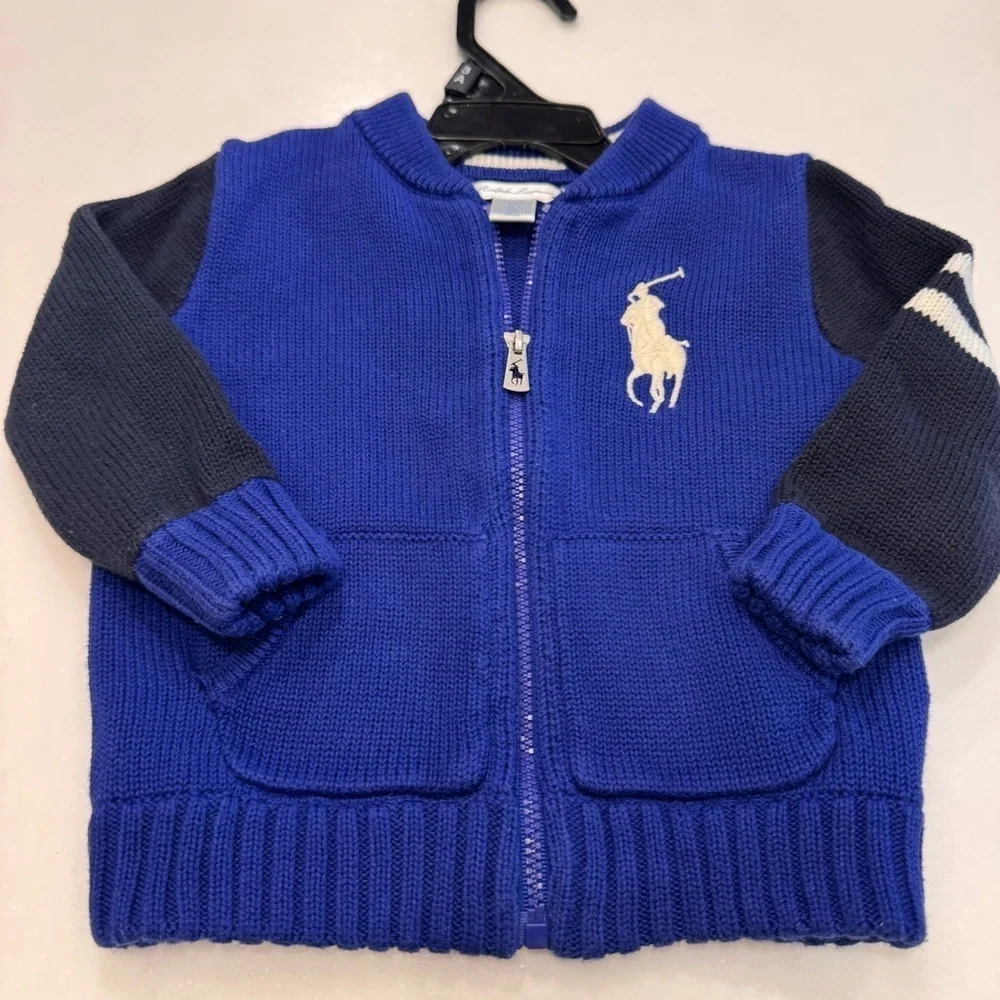 Ralph Lauren boys Big Pony royal blue & navy Full Zip Sweater cotton size 12mos